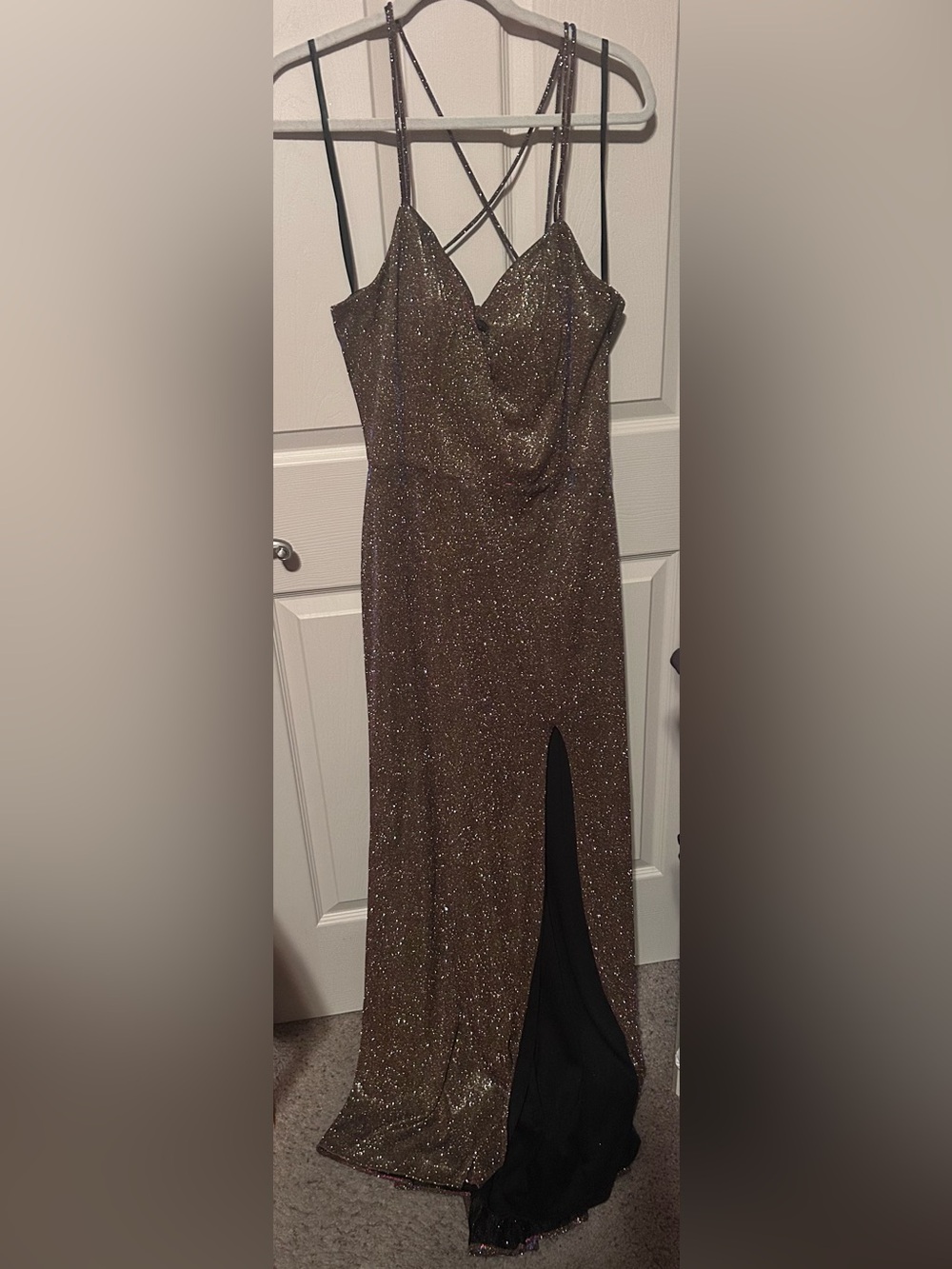 Glitter Strap Evening Gown - Sparkle Slit Prom Dress